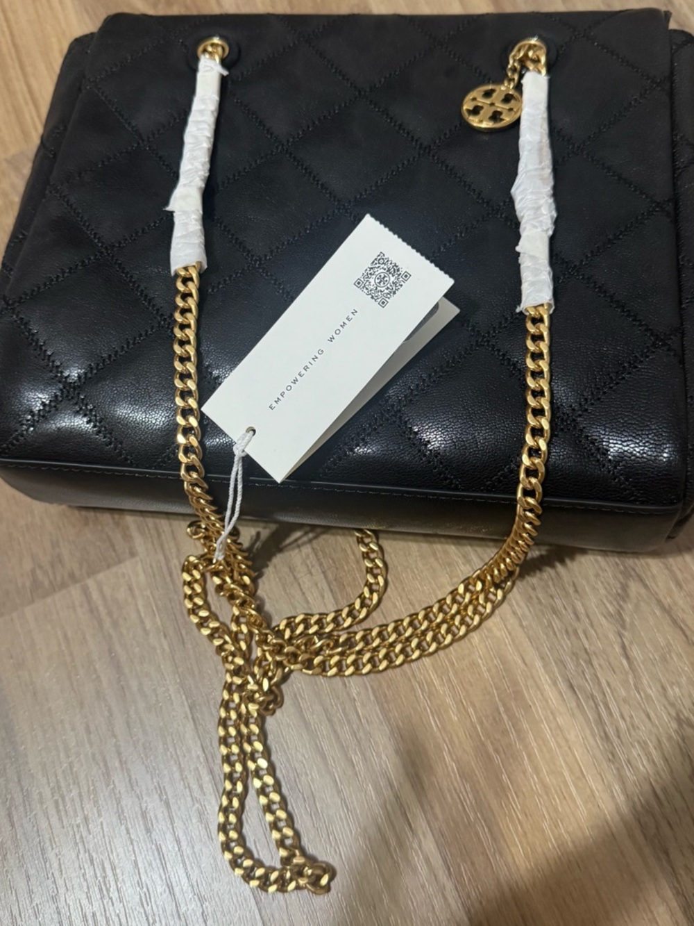 Tory Burch Black Quilted Leather Shoulder Bag with Gold Chain